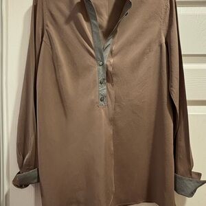 Brunello Cucinelli Tan and Gray Blouse with Monili